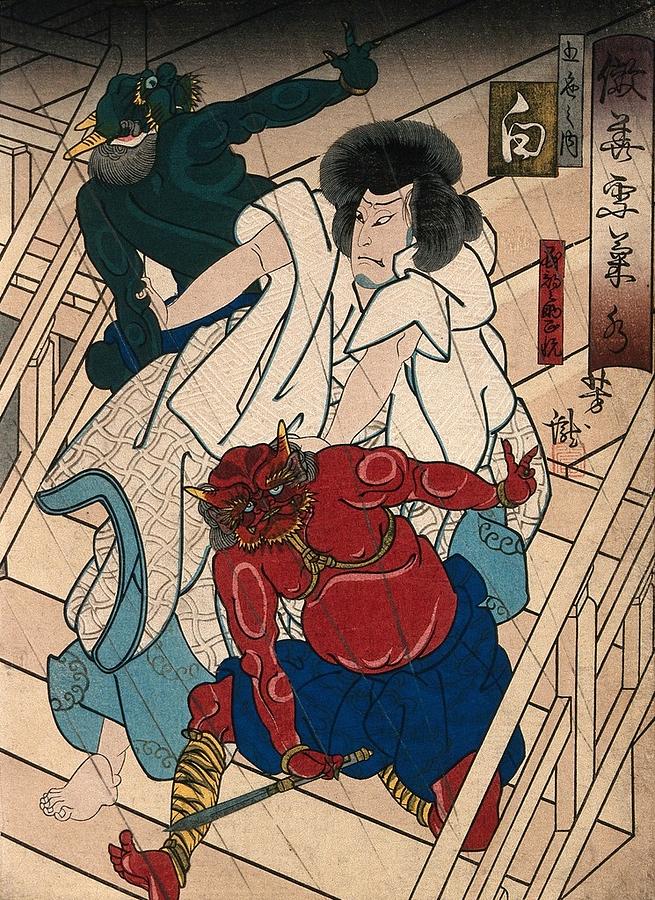 An actor as a hero who grapples with two demons. Colour woodcut by Yoshitaki, early 1860s. Painting by Artistic Rifki