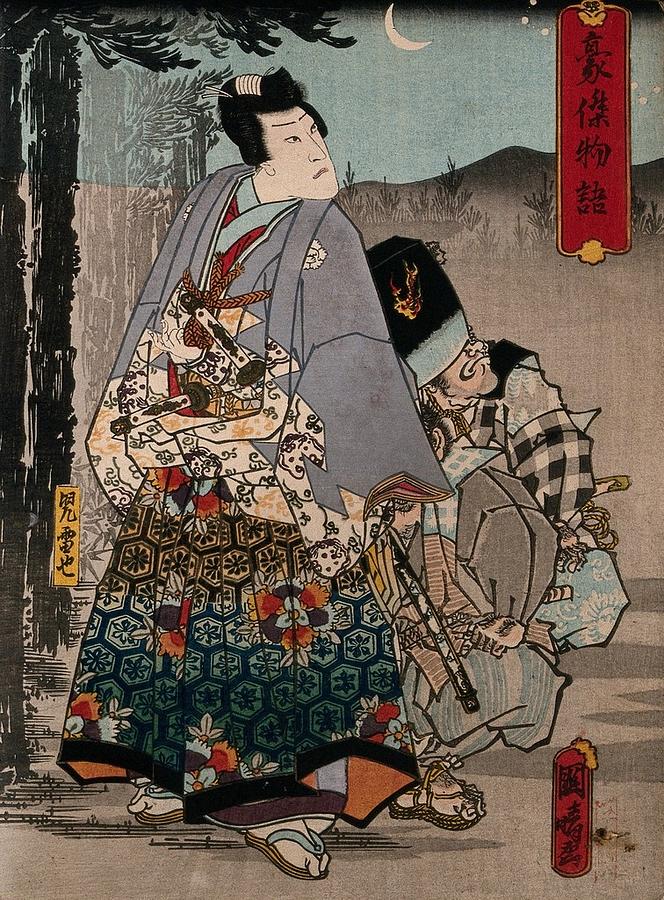 An actor as a princely hero by moonlight. Colour woodcut by Kuniharu, early 1860s Painting by Artistic Rifki