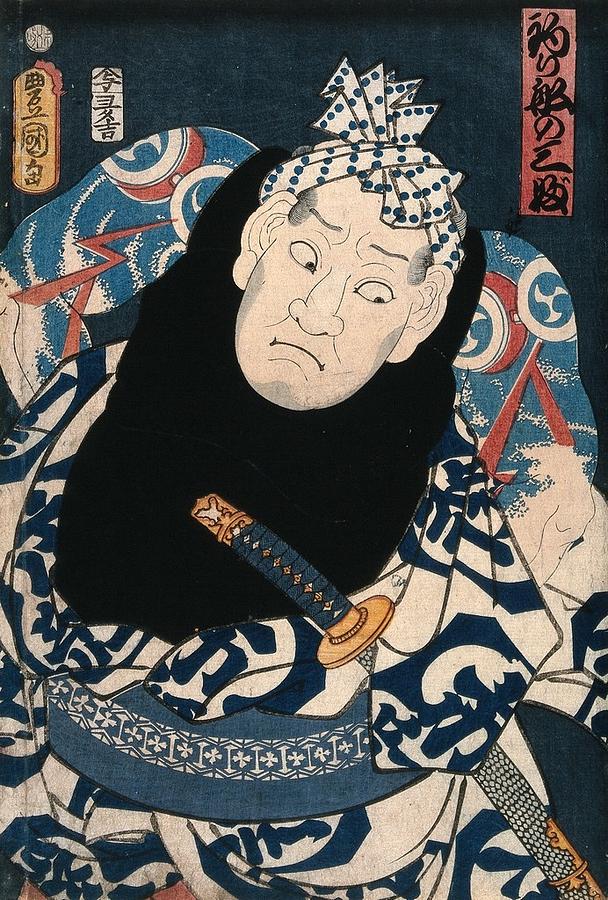 An actor as ruffian Tsuribune no Sabu, full face, revealing his tattoos. Colour woodcut by Kunisada  Painting by Artistic Rifki