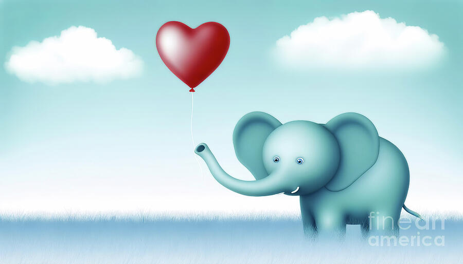 An adorable blue elephant holds a red heart-shaped balloon. Digital Art by Odon Czintos