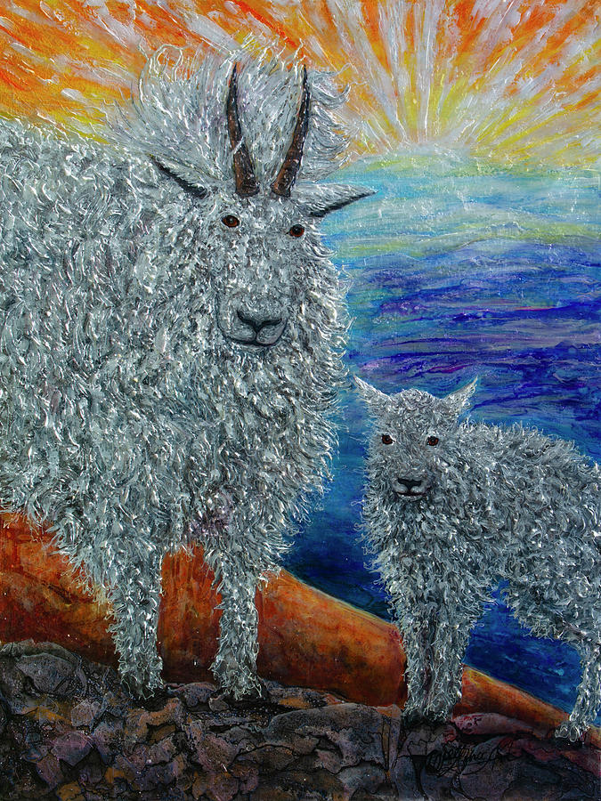 The  Mountain Nanny and Her Kid Goats at Mile High Colorado Painting Painting by Lena Owens - OLena Art Vibrant Palette Knife and Graphic Design