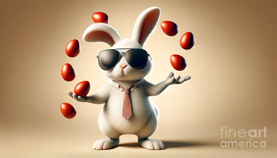 An adorable rabbit in sunglasses confidently juggles red eggs. Digital Art by Odon Czintos