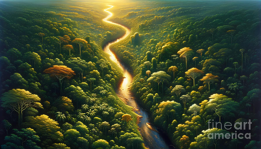 Aerial Painting - An aerial view of a lush tropical rainforest with a river snaking through it by Jeff Creation