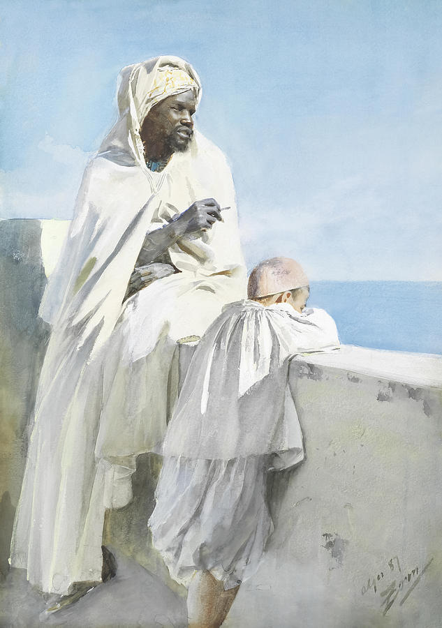 Abstract Painting - An Algerian man and boy looking across Bay of Algiers by Anders Zorn