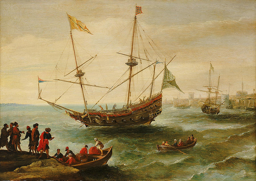 An Algerine ship off a barbary port Painting by Andries van Eertvelt