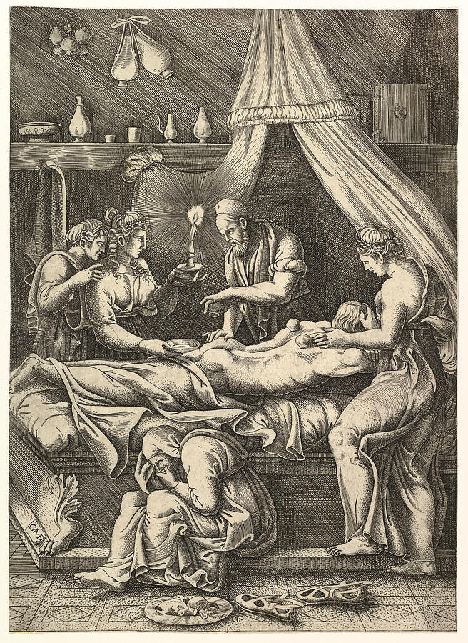 An allegory of sickness, man laying prostrate on a bed surrounded by figures Drawing by Giorgio Ghisi
