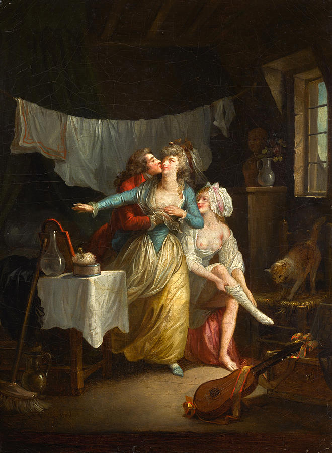 An amorous advance in an interior Painting by Jean-Frederic Schall