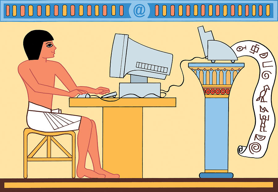 An ancient egyptian using computer and printing out scripts Drawing by Pedro Afonso