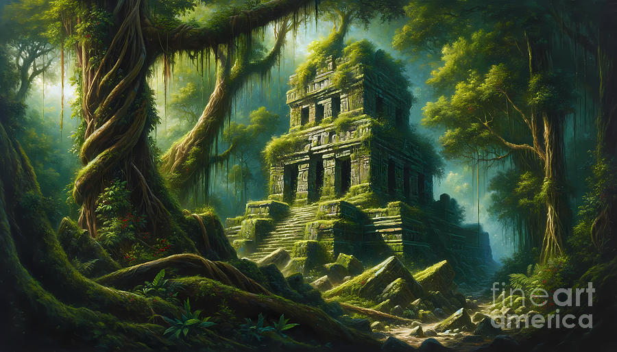 Mayan Painting - An ancient Mayan or Incan ruin reclaimed by the jungle by Jeff Creation