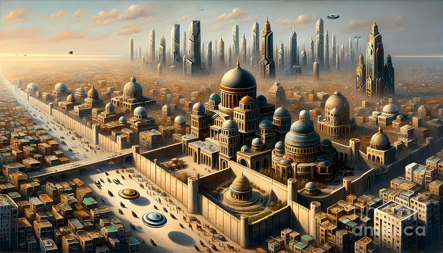 Architecture Painting - An ancient, sprawling cityscape viewed from above, with a mix of historical and futuristic architecture by Jeff Creation
