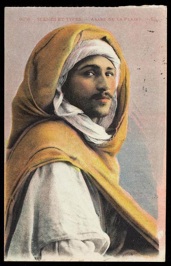 An Arab man wearing coloured garments. Colour process print, ca. 1921 Painting by Artistic Rifki