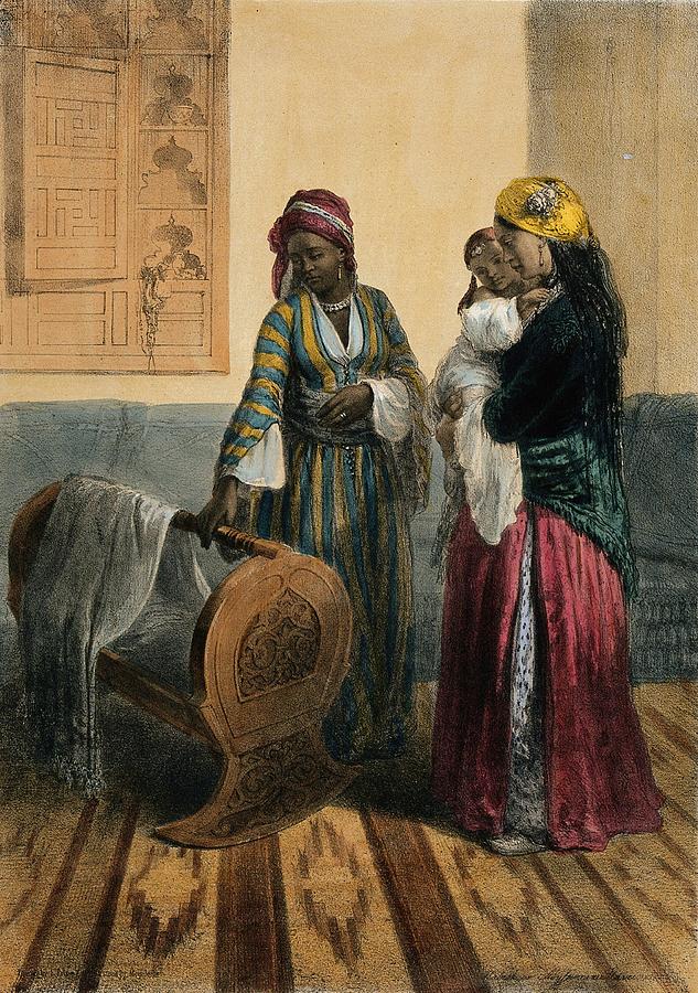 An Arab woman holding a child, a servant standing next to his cradle. Lithograph after Prisse dAven Painting by Artistic Rifki