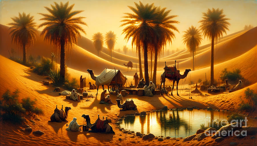 Camel Painting - An Arabian caravan at an oasis, with palm trees and desert dunes by Jeff Creation