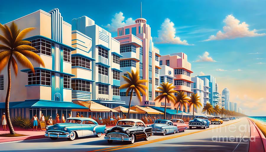Miami Painting - An art deco Miami beachfront, with classic cars and palm trees by Jeff Creation
