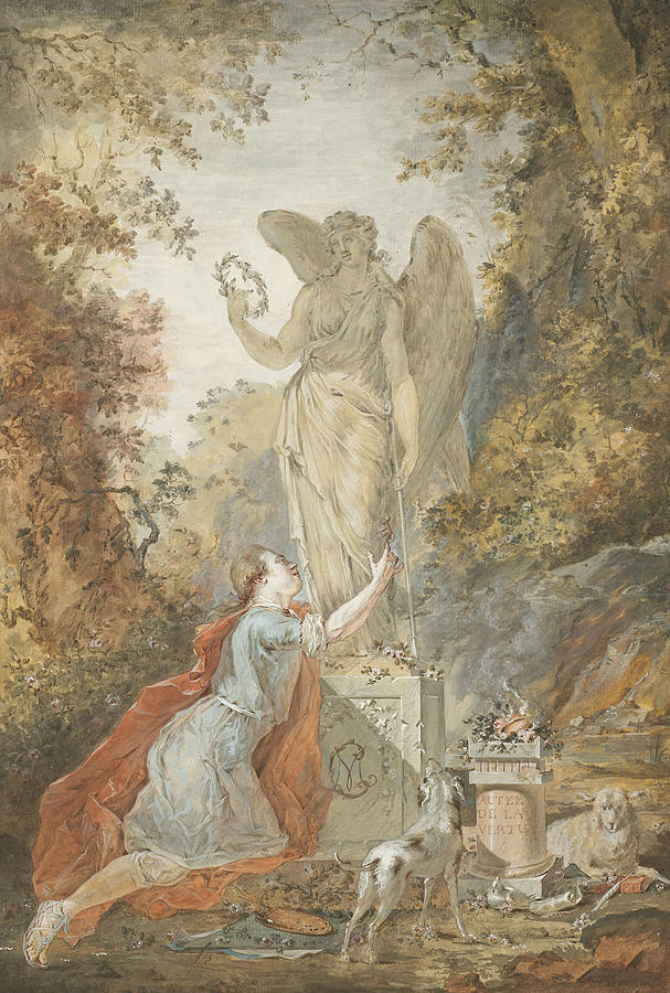 An Artist Adoring a Statue of Virtue Drawing by Claude Hoin