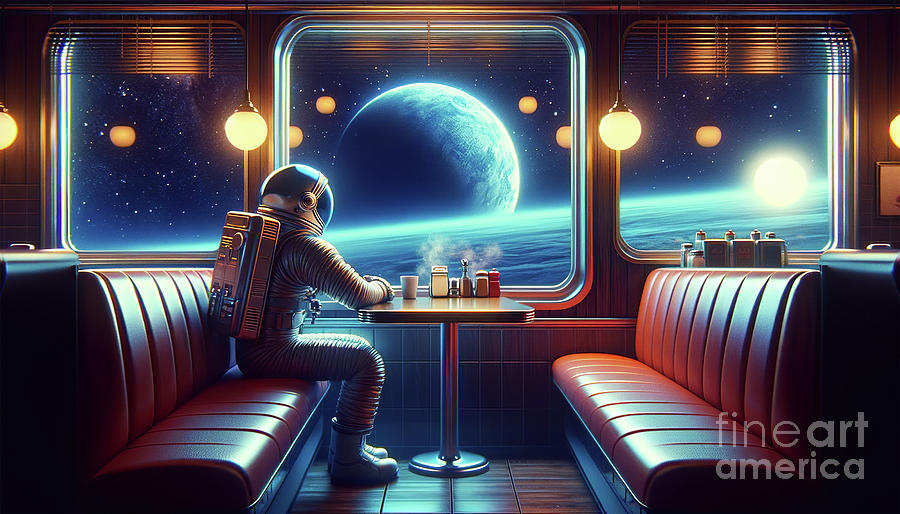 An astronaut sits at a diner table inside a space station. Digital Art by Odon Czintos