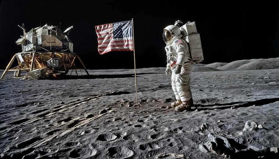 An astronaut stands beside an American flag on the lunar surface Digital Art by The Luxury Art Collection An astronaut stands beside an American flag on the lunar surface Digital Art by The Luxury Art Collection
