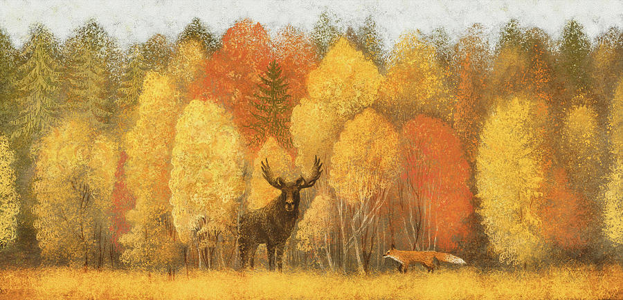 An Autumn Forest With A Deer And A Fox Among The Trees Drawing