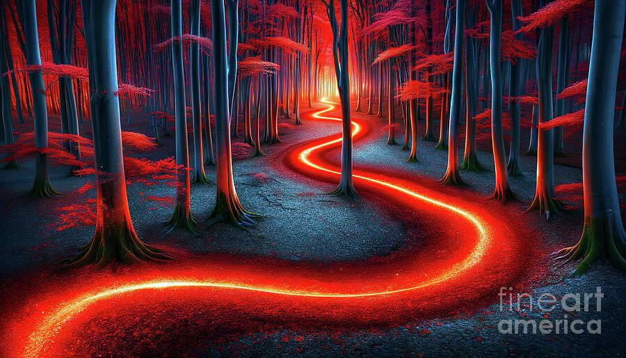 An autumnal forest scene at dusk,with a glowing,ribbon-like path winding through the landscape. Digital Art by Odon Czintos