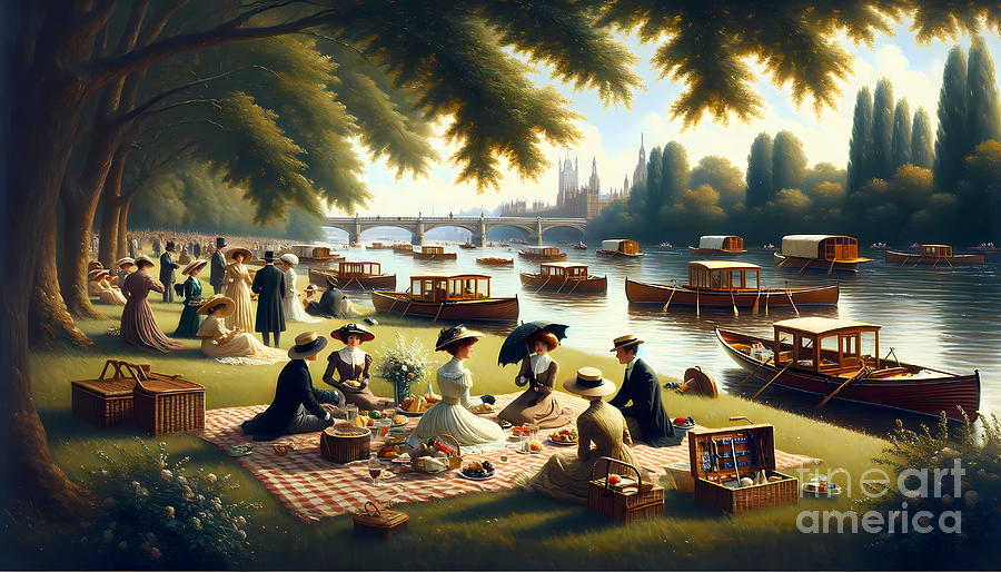 Summer Painting - An Edwardian-era picnic by the banks of the Thames, with rowboats and parasols by Jeff Creation