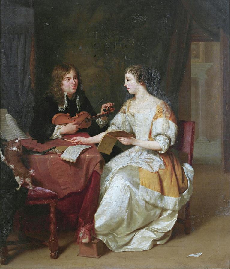An Elegant Couple Making Music In An Interior, By Jan Verkolje Painting