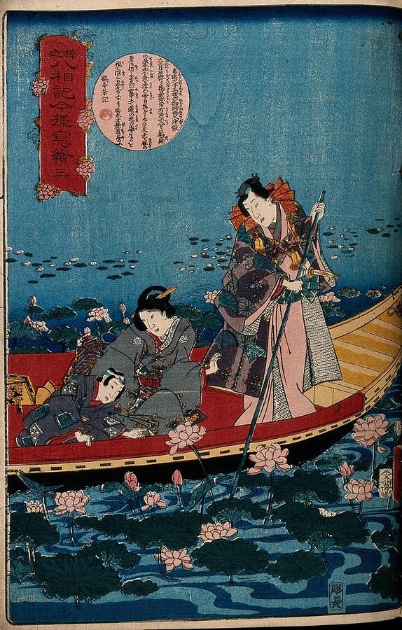 An elegant, Gunji-like figure, punting a boat through water-lilies a woman and child in the boat loo Painting by Artistic Rifki