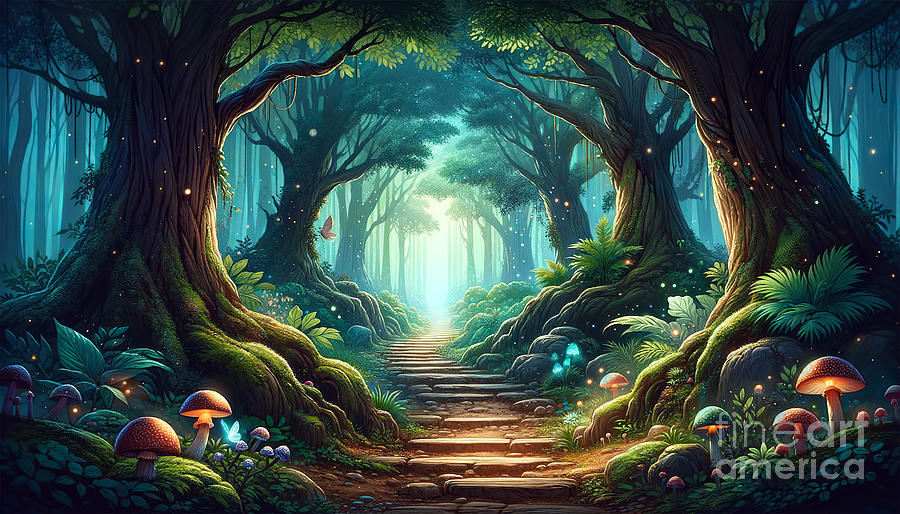 An enchanted forest path lined with towering trees  Digital Art by Odon Czintos