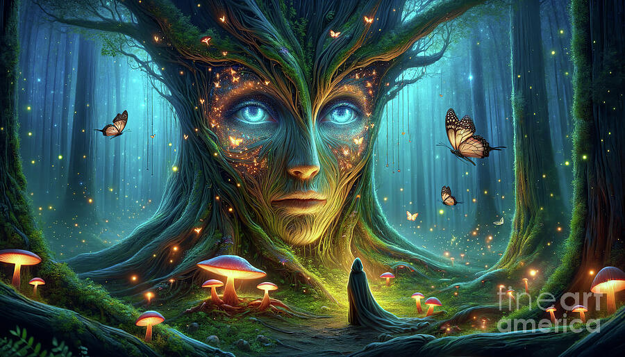 An enchanted forest with a tree spirit bearing a womans face. Digital Art by Odon Czintos