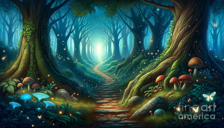 An enchanting forest path lined with towering trees and luminous mushrooms Digital Art by Odon Czintos