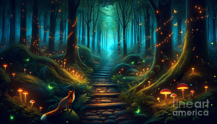 An enchanting forest scene with a fox gazing at a magical path lined  Digital Art by Odon Czintos