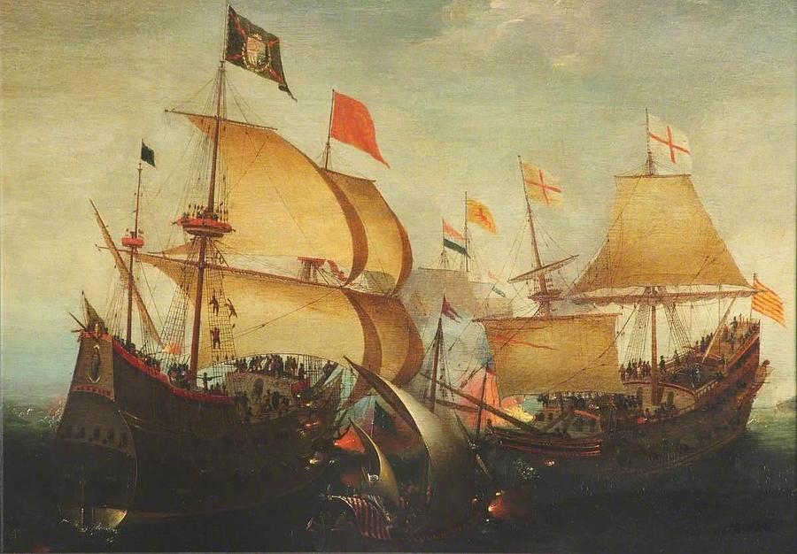 An English and a Dutch Ship Attacking a Spaniard Painting by Aert ...