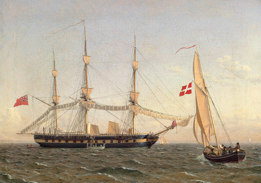 An English frigate at anchor, drying sails and a Danish pilot boat Painting by Christoffer Wilhelm Eckersberg