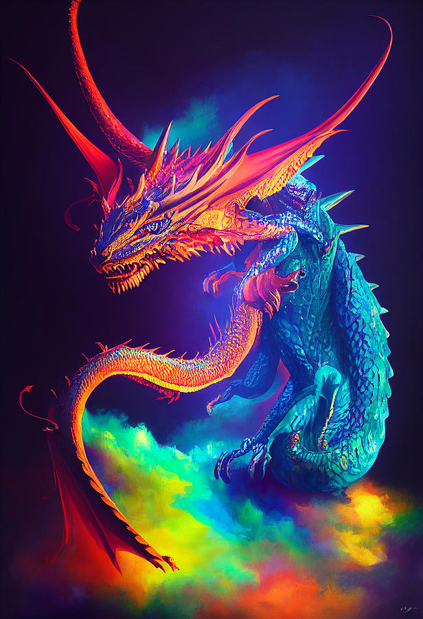 Vintage Painting - An  enormous  Dragon  made  of  colorful  liquid  oil  paint    de805dfa  589e  4315  8345  90ba8aa7 by Celestial Images