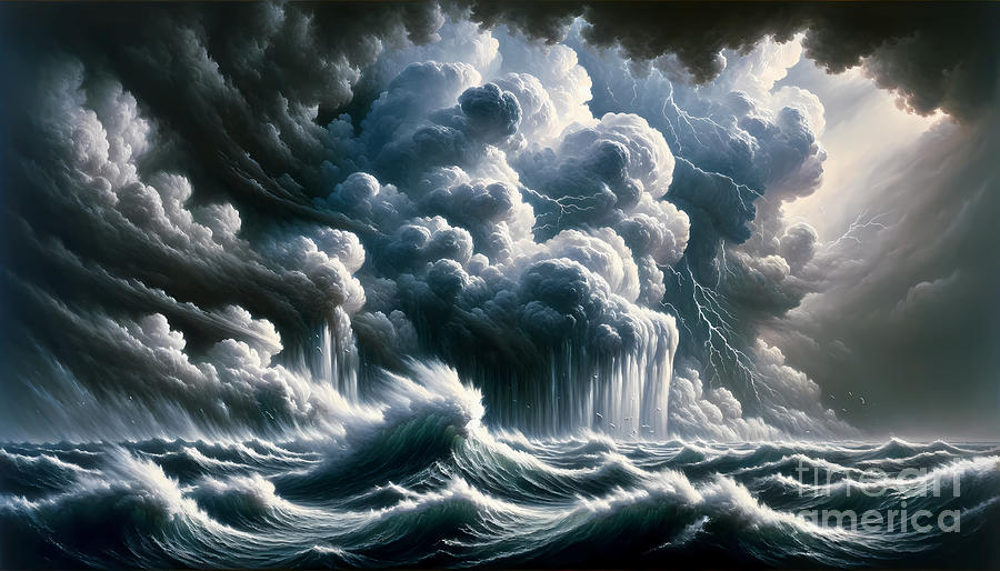 Storm Painting - An enormous, thundering storm at sea, with towering waves and dramatic clouds by Jeff Creation