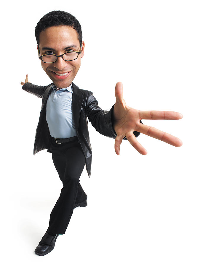 An Ethnic Man In Glasses A Blue Shirt Black Slacks And A Leather Jacket Takes A Step Forward And Extends His Arms And Hands Out Photograph by Photodisc
