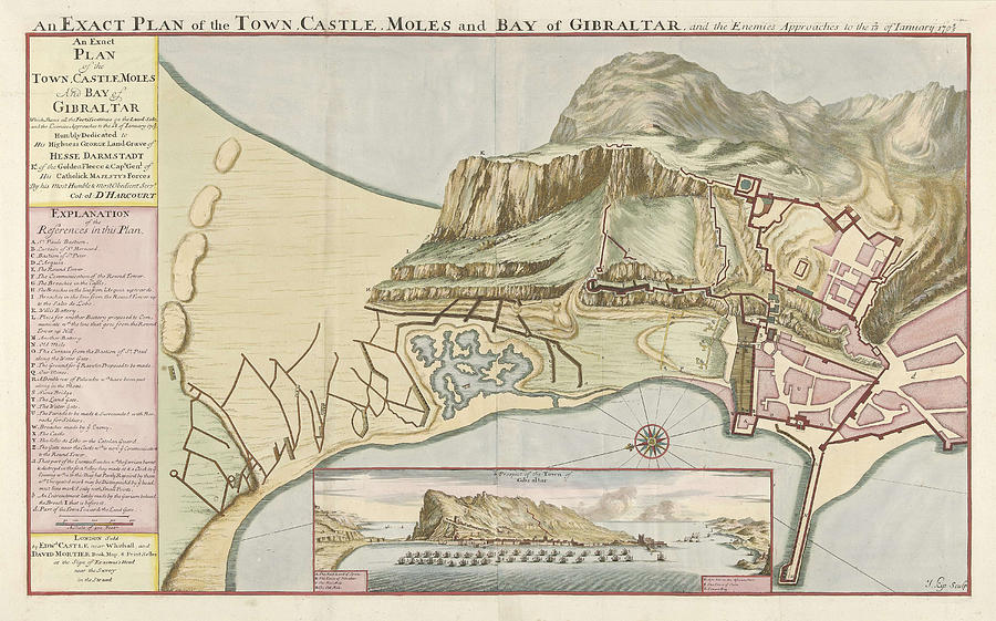 An exact Plan of the town, castle, moles and bay of Gibraltar Drawing by Jan Kip