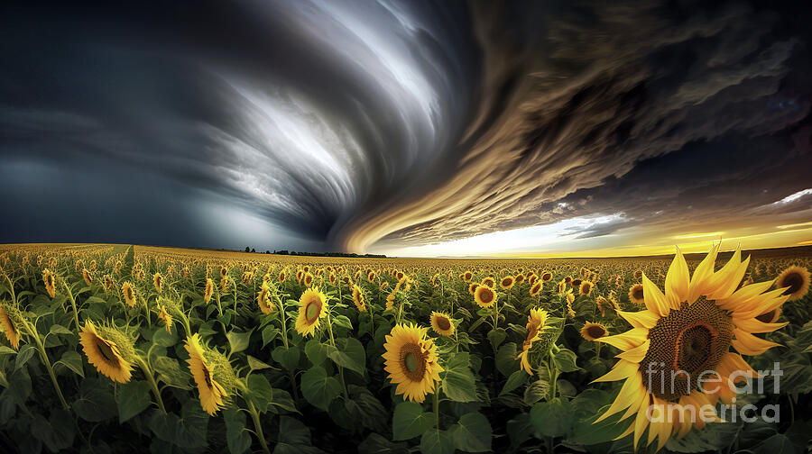 An expansive field of sunflowers stretches out beneath a dramatic sky with swirling clouds Digital Art by Odon Czintos