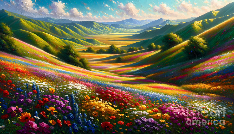 Spring Painting - An expansive view of rolling hills covered in a blanket of wildflowers by Jeff Creation