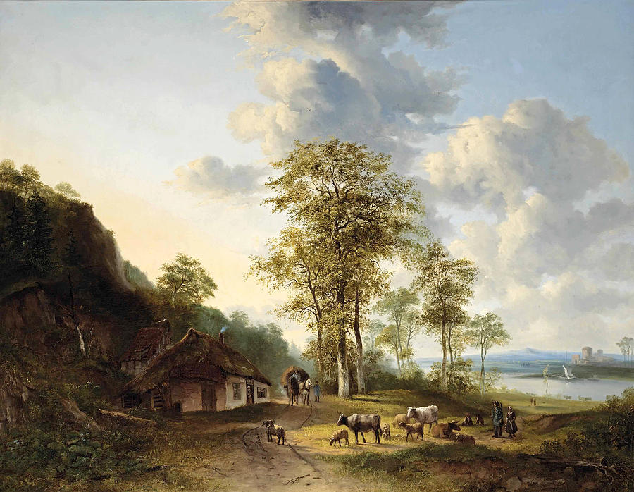 An extensive river landscape with farmers and cattle Painting by Georgius Jacobus Johannes van Os