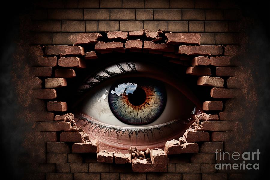 An eye peeps through a hole in a brick wall, conceptual illustra ...