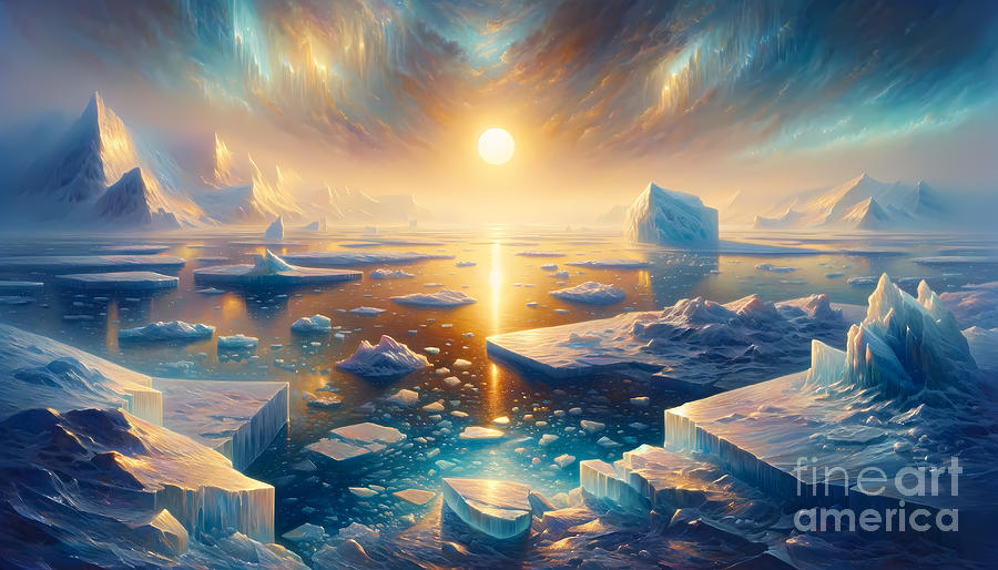 Ice Cover Painting - An ice-covered landscape under the midnight sun in the polar regions by Jeff Creation