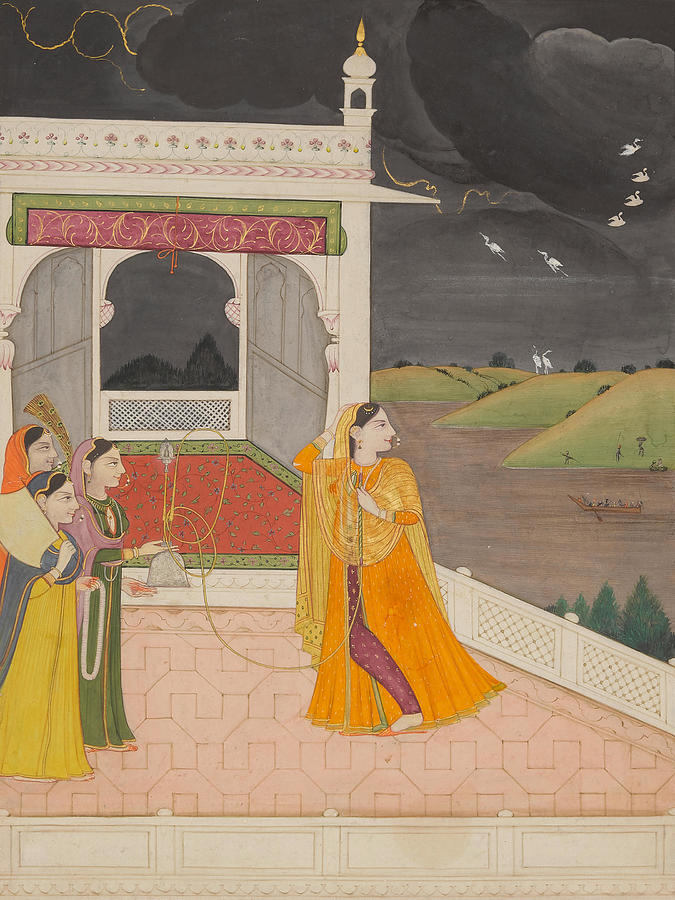 An illustration from a Baramasa series maidens enjoying the arrival of the monsoon on a palace terra Painting by Artistic Rifki