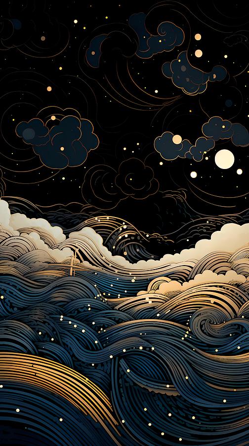 An Illustration Of A Wave In The Night Sky With Cloud And Moon 6 ...