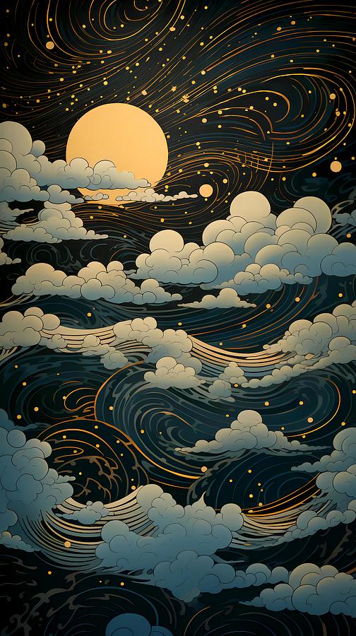 An Illustration Of A Wave In The Night Sky With Cloud And Moon Digital 