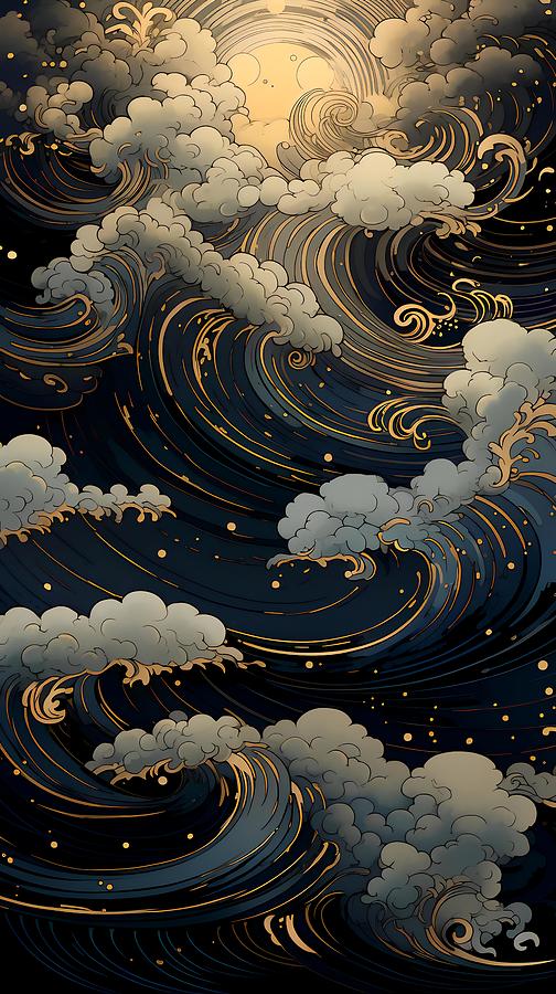 An Illustration Of A Wave In The Night Sky With Cloud Digital Art by ...