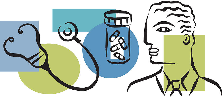 An illustration showing a physician, prescription drugs and a stethoscope Drawing by Nadia Richie Studio