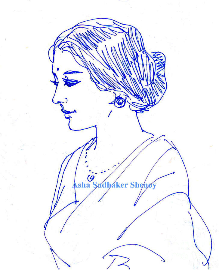An Indian lady in Sari Drawing by Asha Sudhaker Shenoy