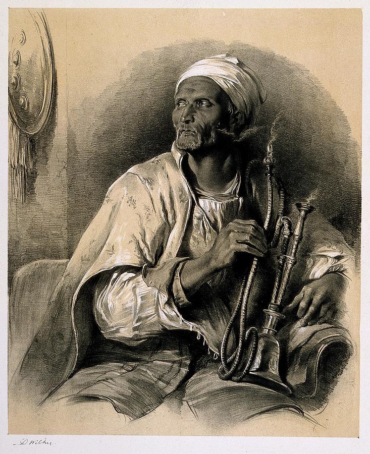 An Indian man sits with a smoking hookah on his knee. Lithograph by J. Nash, 1846, after D. Wilkie Painting by Artistic Rifki