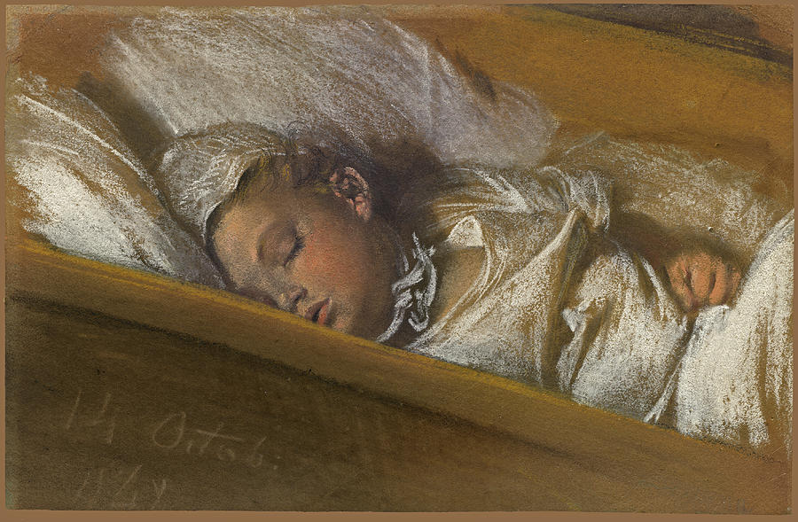 An Infant Asleep in His Crib Drawing by Adolph von Menzel