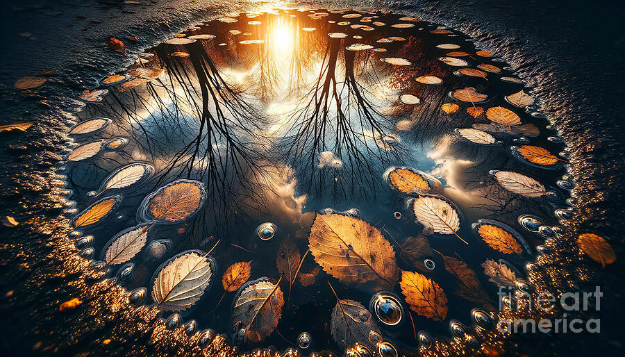 An intricate display of autumn leaves floating on water. Digital Art by Odon Czintos